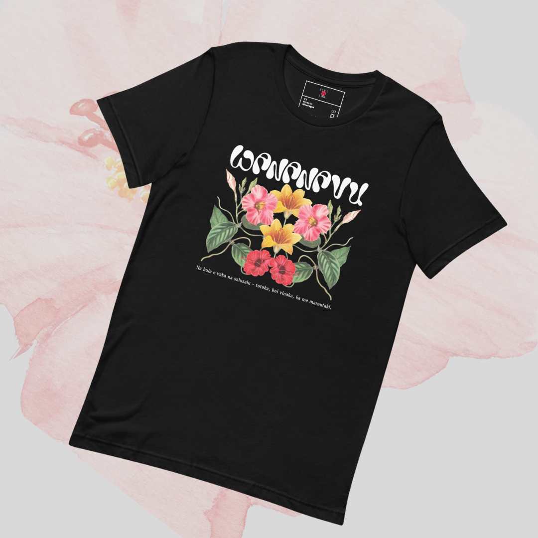 Black Wananavu tshirt in flat lay mockup