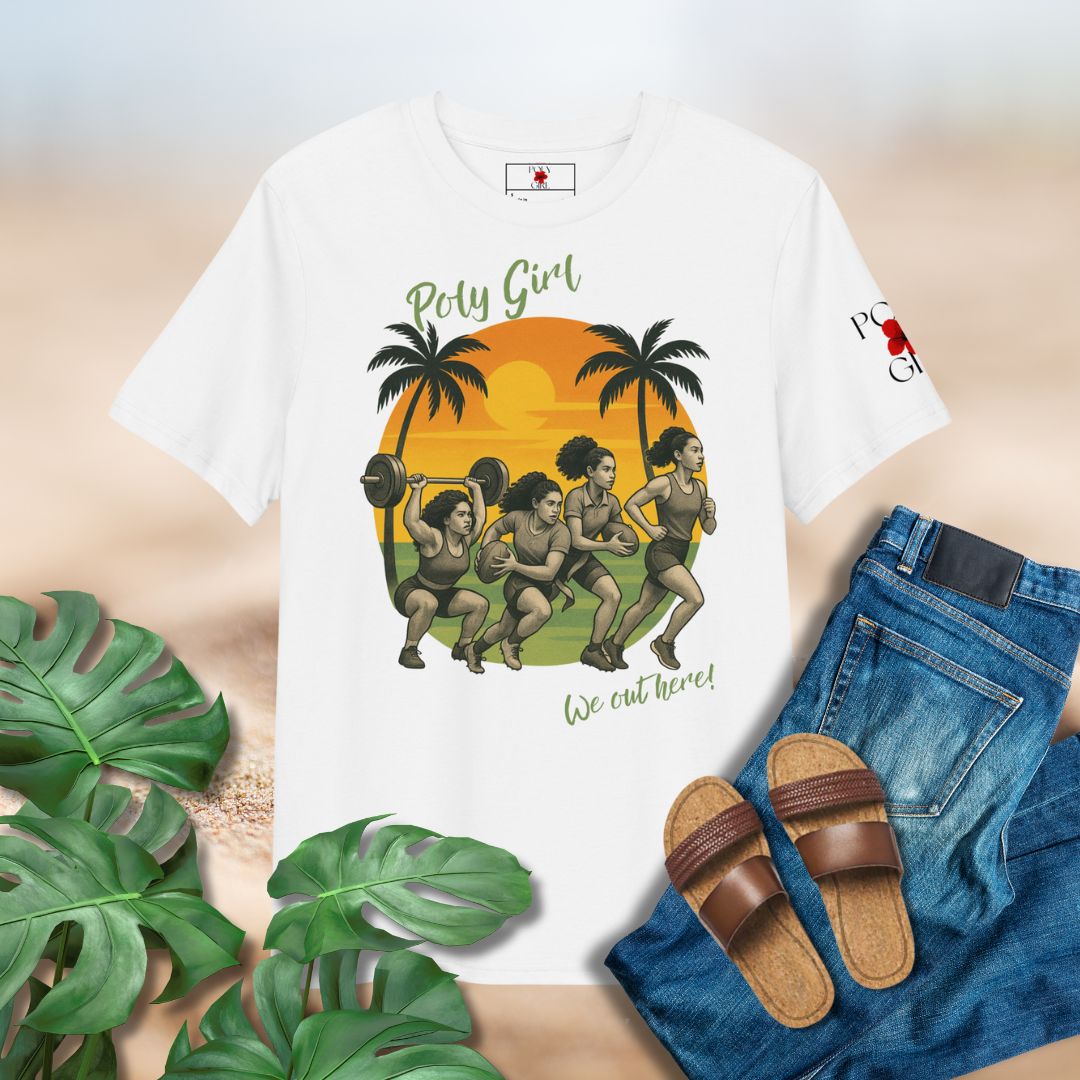 Front view of white tshirt with design of women athlete by Poly Girl, The Island Girl's Brand