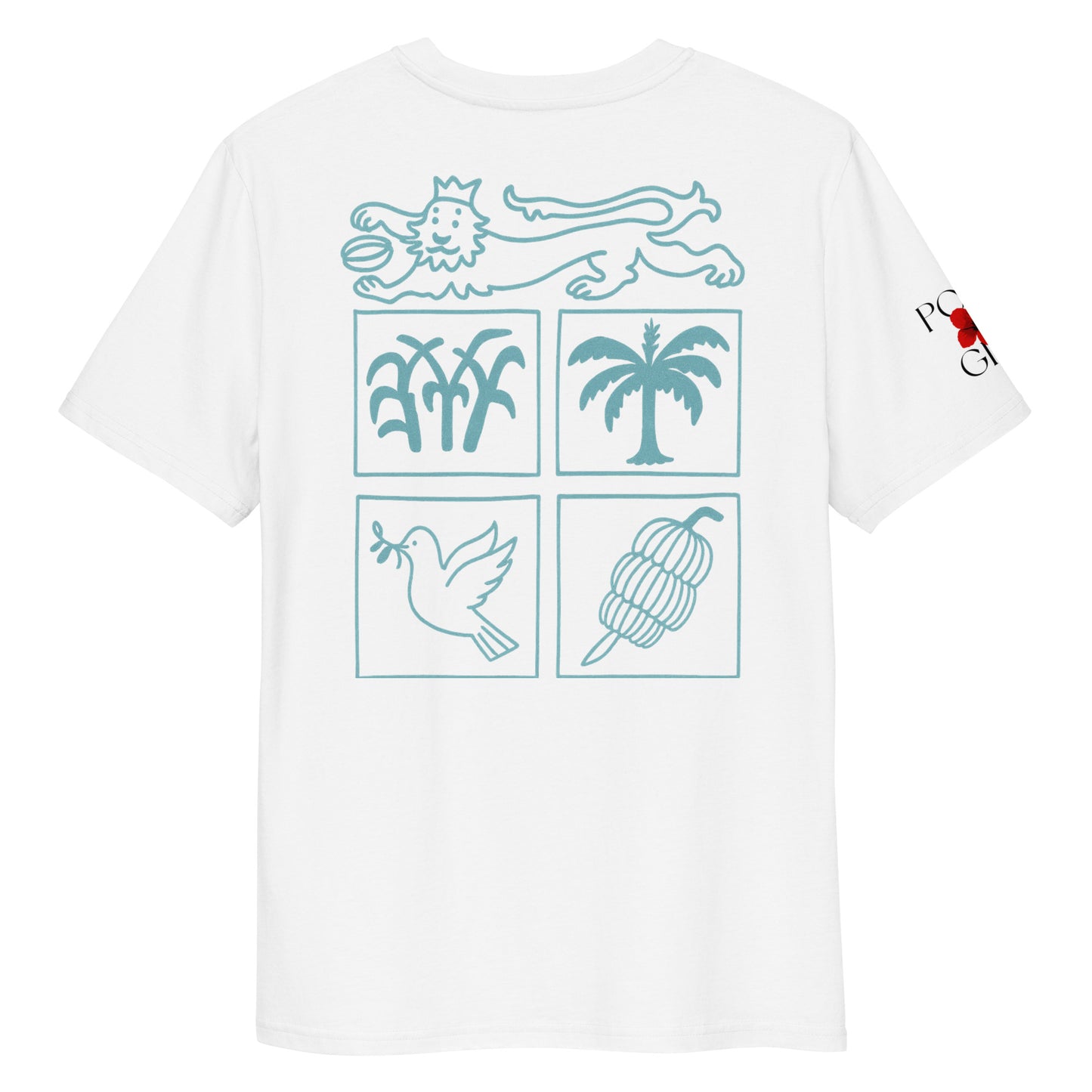 White T-shirt with Fijian Shield in minimalistic blue motifs
