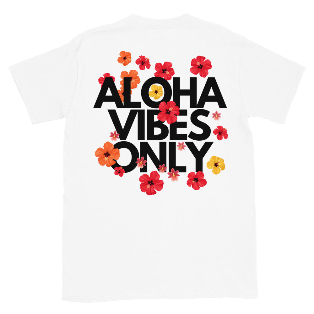White t-shirt with 'Aloha Vibes Only' text and floral designs on a white background