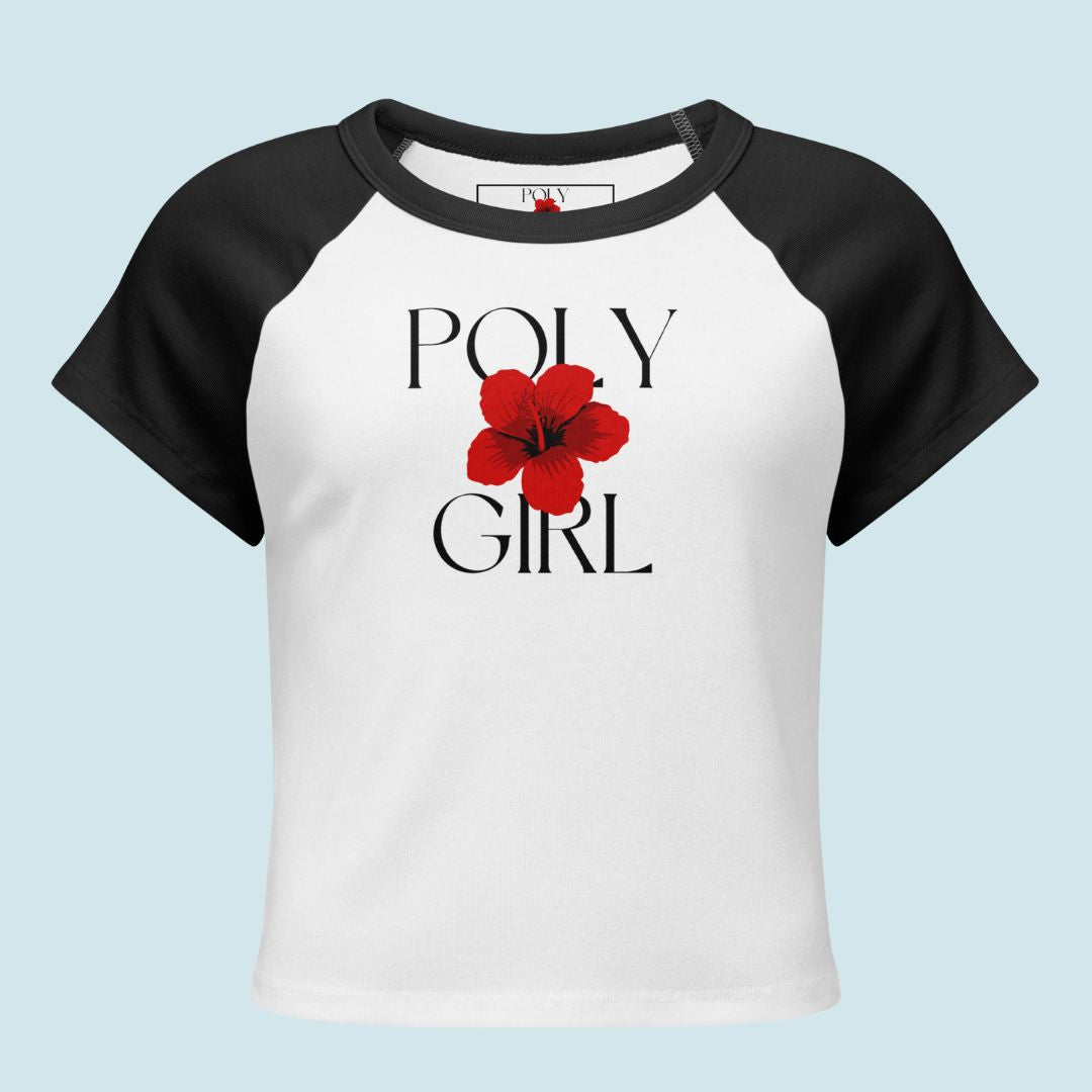 White and black cropped tee featuring Poly Girl logo with hibiscus flower