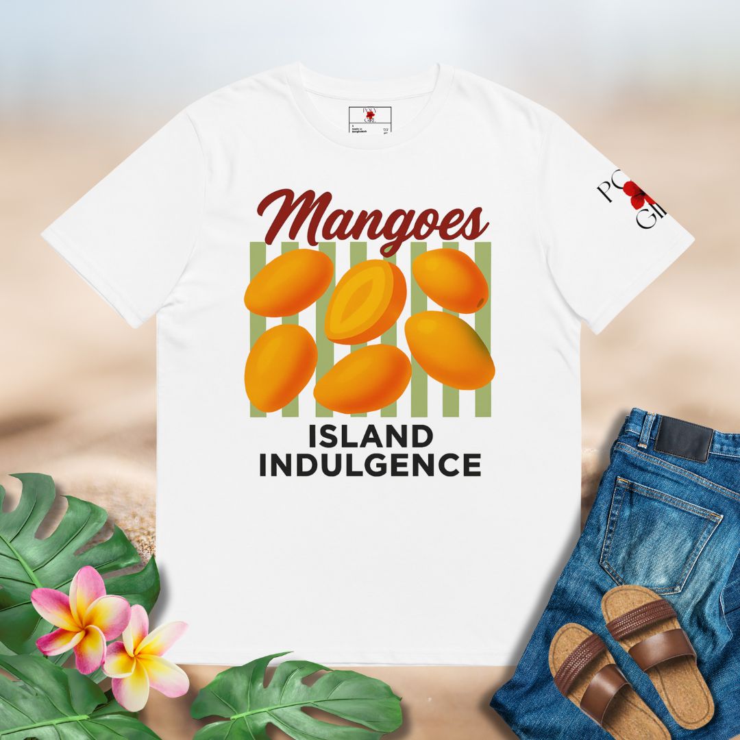White t-shirt with mango design and text 'Mangoes Island Indulgence' on a light background.