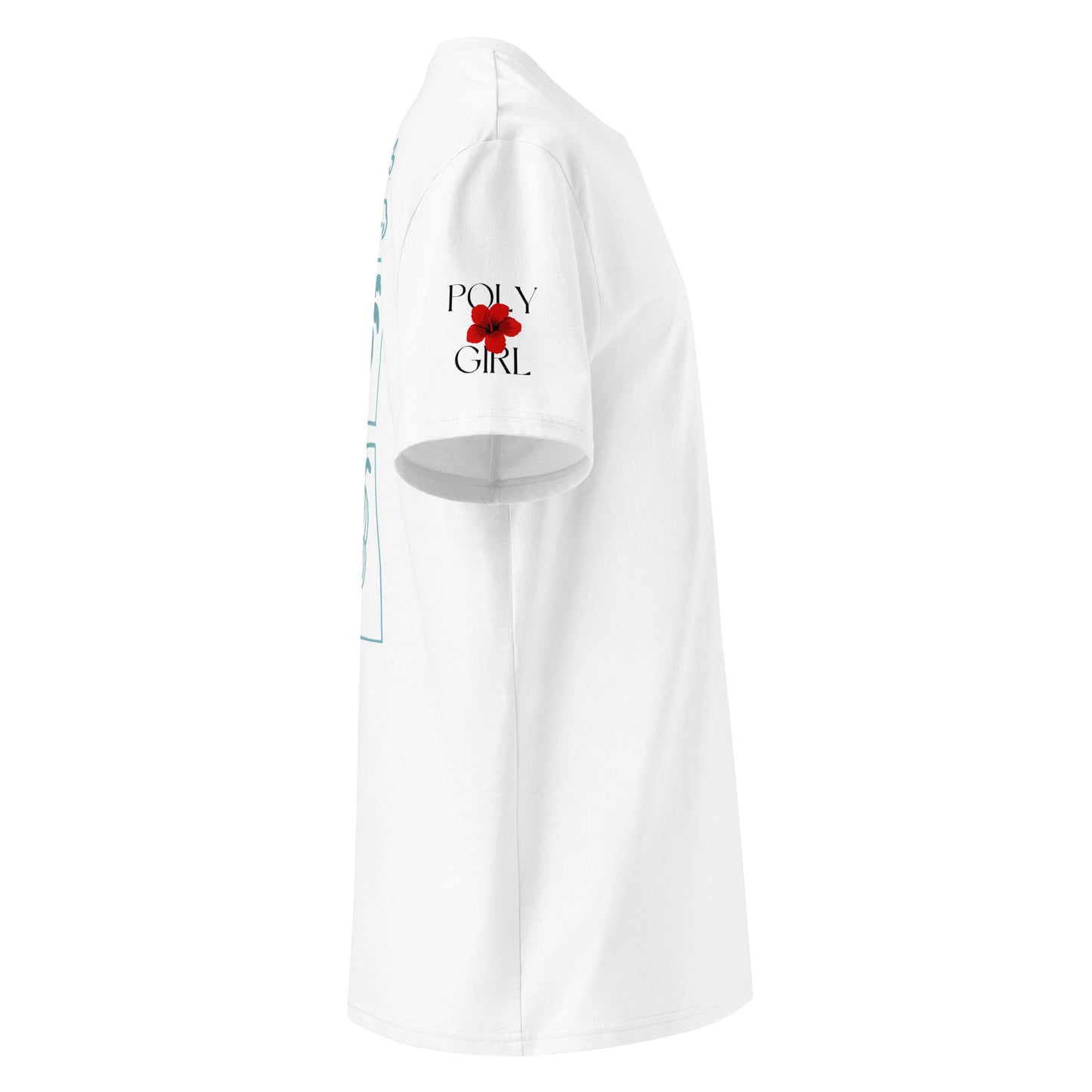 White t-shirt with Poly Girl logo graphic on right sleeve on a white background