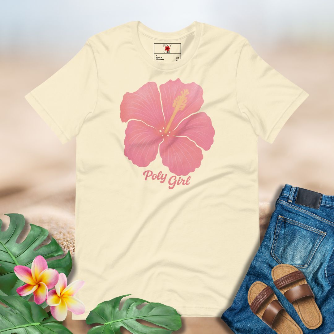 Off white t-shirt with large pink hibiscus flower and Poly Girl text