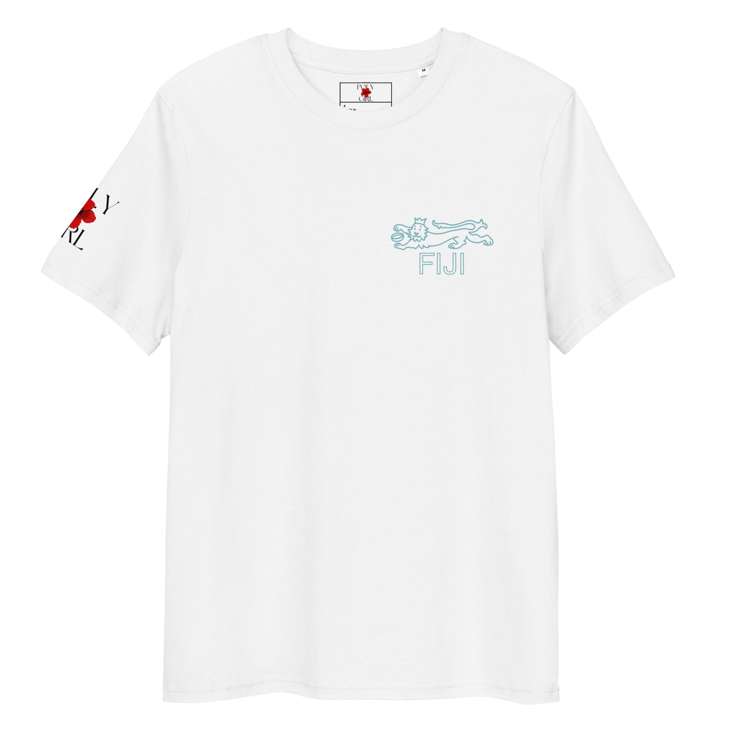 White t-shirt with Fiji's shield lion on chest pocket in minimalistic design