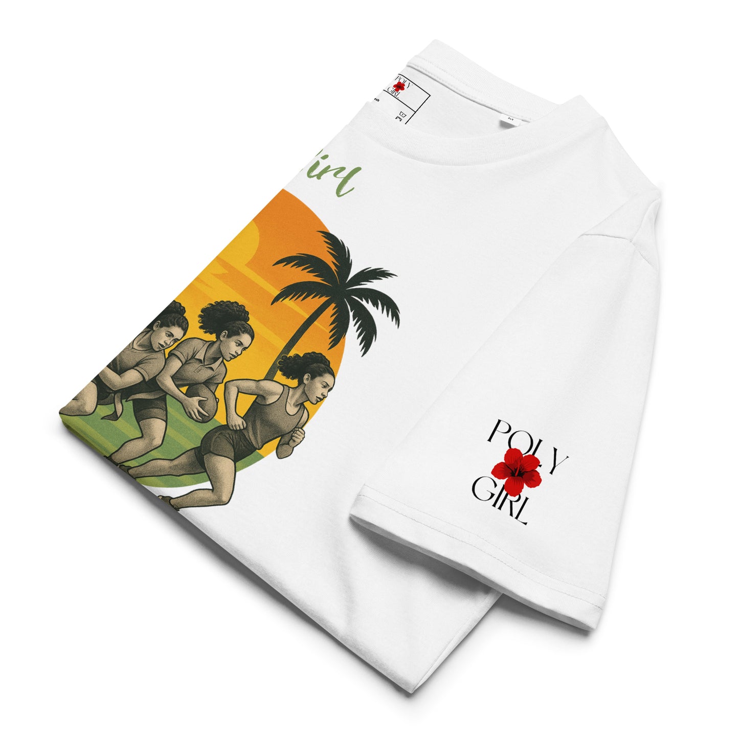 Poly Girl logo on left sleeve on a folded white tshirt with front design of women athletes