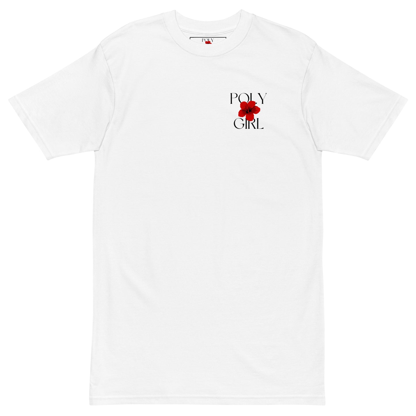 White unisex t-shirt with Poly Girl logo printed on left chest
