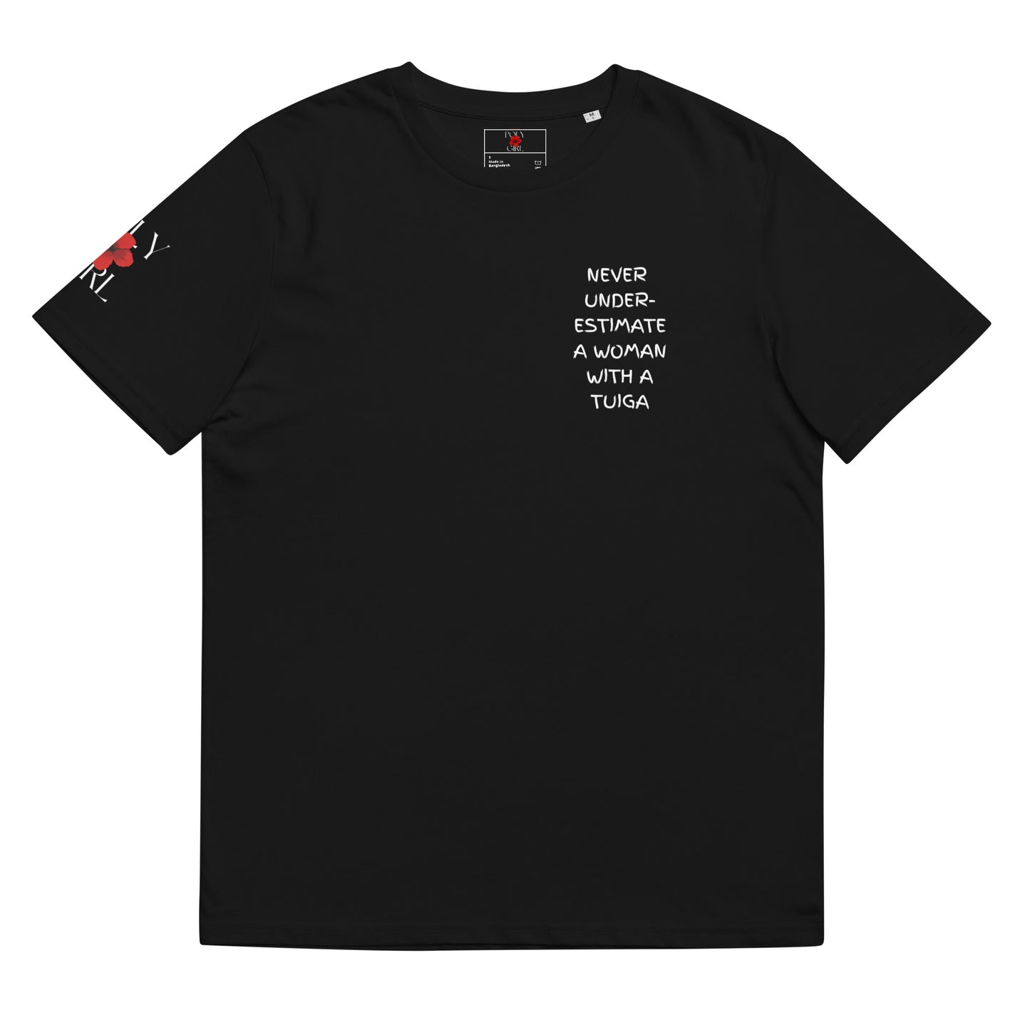 Never underestimate a woman with a Tuiga design on a black tshirt by Poly Girl