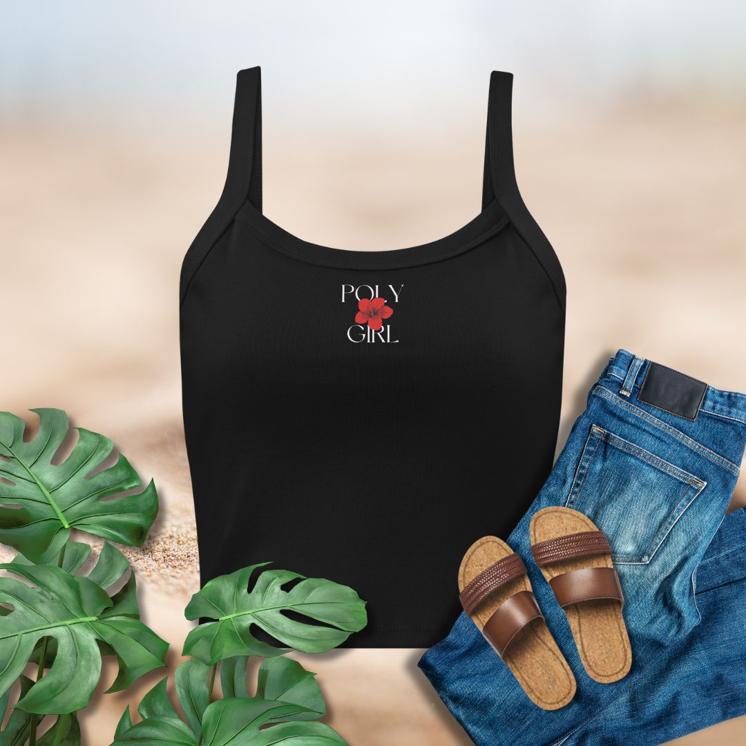 Black tank top with 'Poly Girl' design, paired with jeans and sandals on a neutral background.