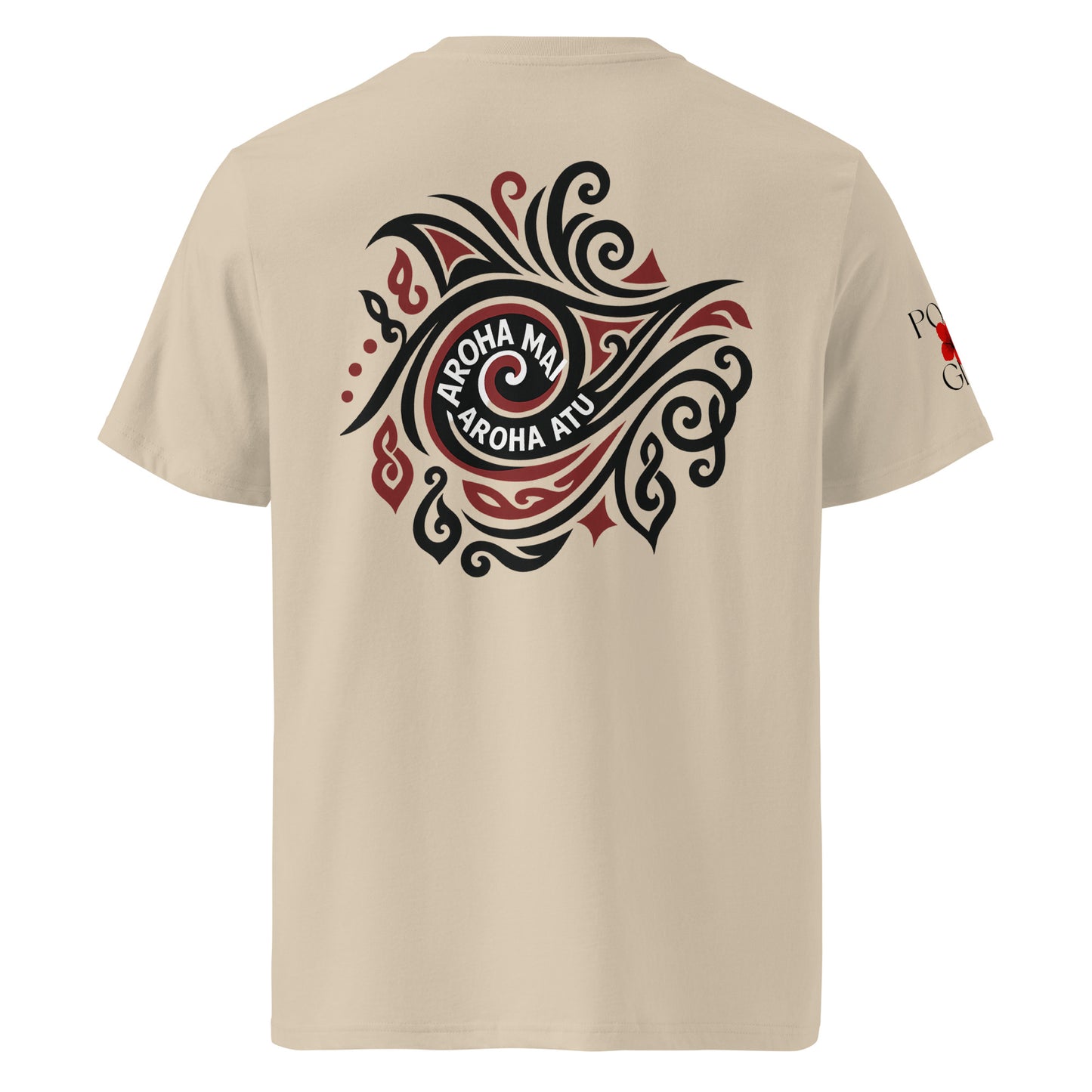 Product mocMāori-inspired red and black Aroha Mai Aroha Atu design on organic cotton t-shirtkup