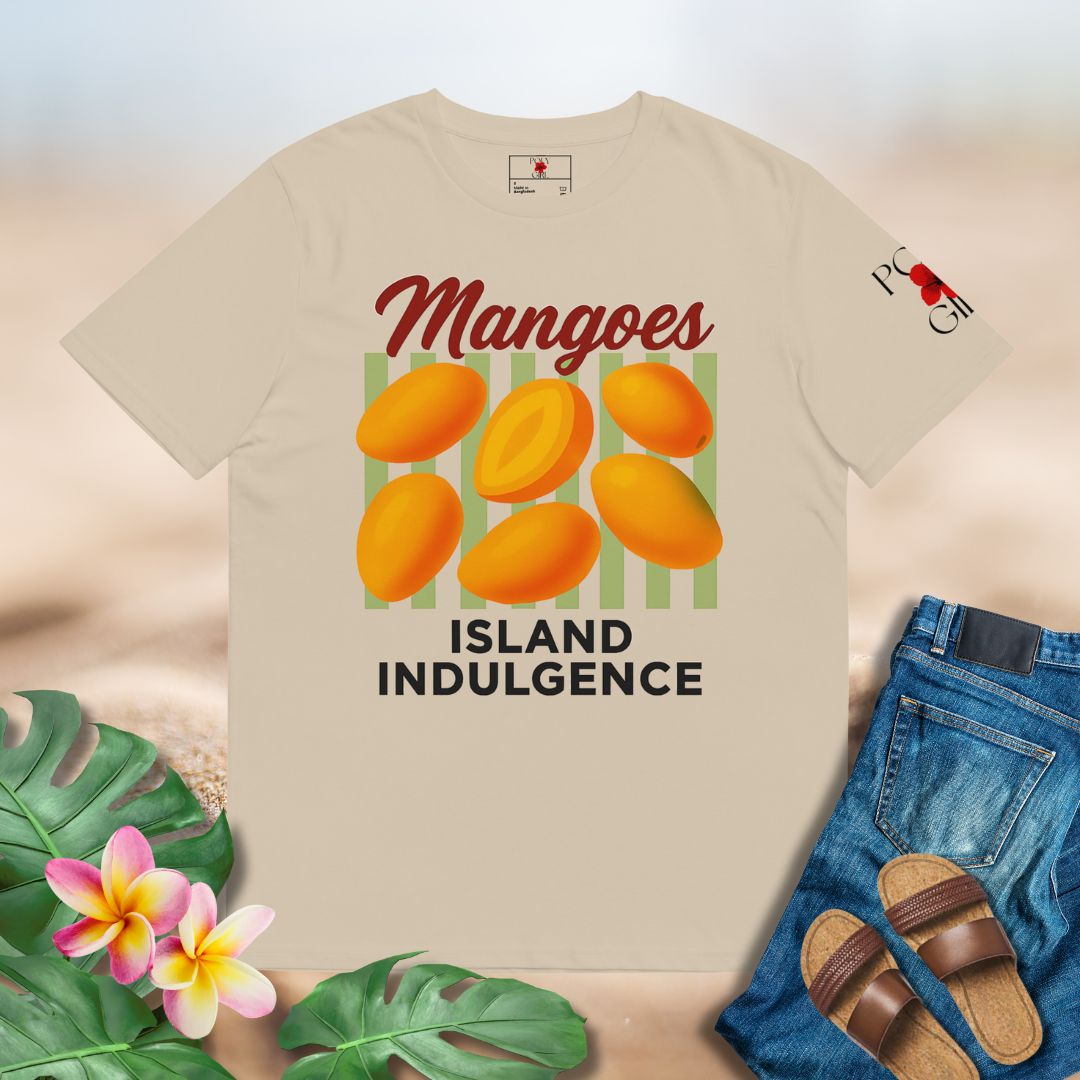 Beige t-shirt with mango graphic and 'Island Indulgence' text, surrounded by tropical leaves and flowers.