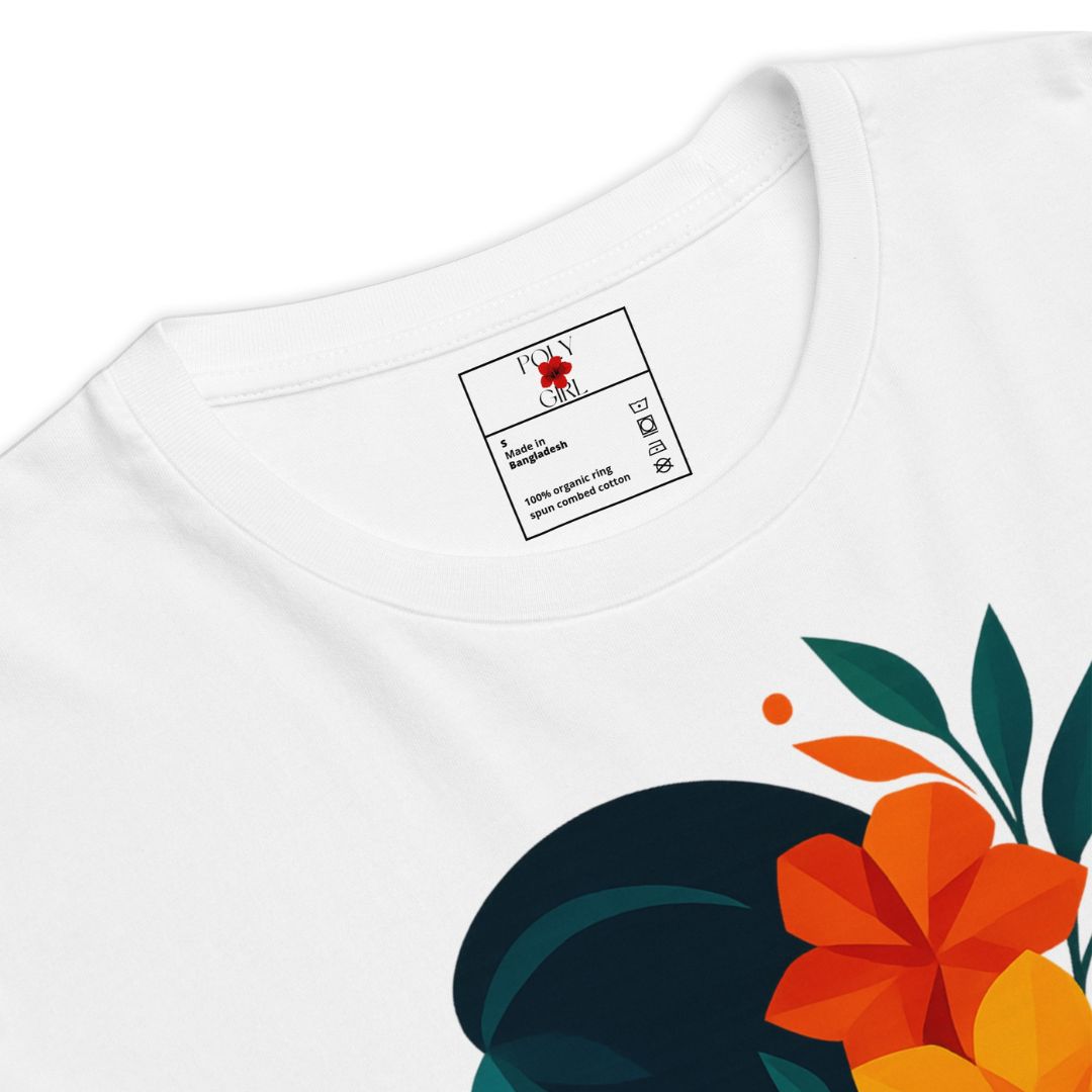 White t-shirt with colorful floral design and label on a white background