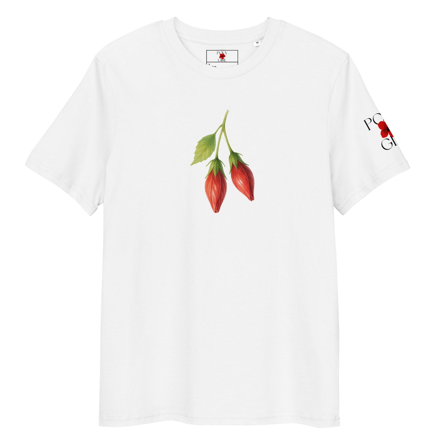Close-up of glossy hibiscus buds on certified organic cotton tee fabric.s