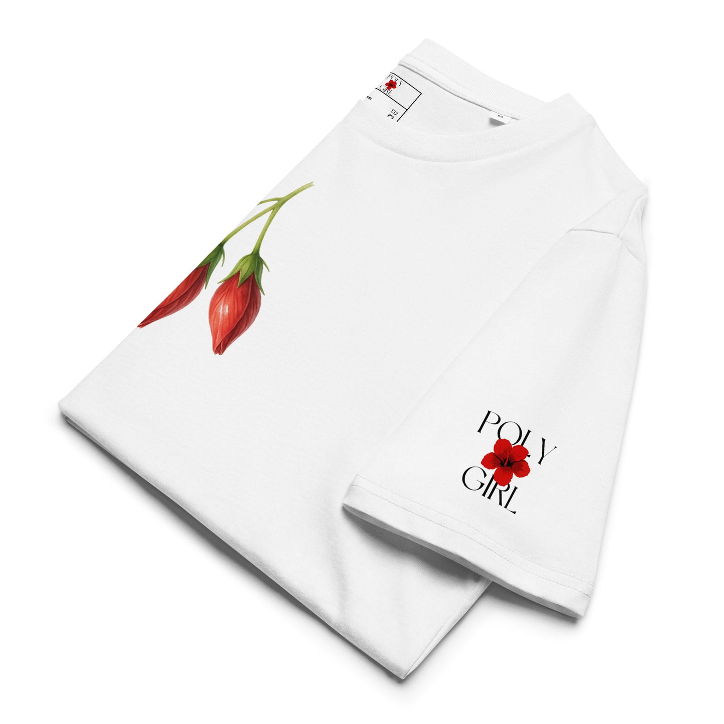 Side view of budding hibiscus flower design on GOTS and OCS certified t-shirt.