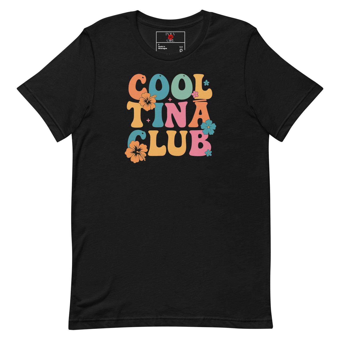 Ladies' Black t-shirt with colorful retro text Cool Tinā Club and hibiscus flowers in orange, teal, and pink
