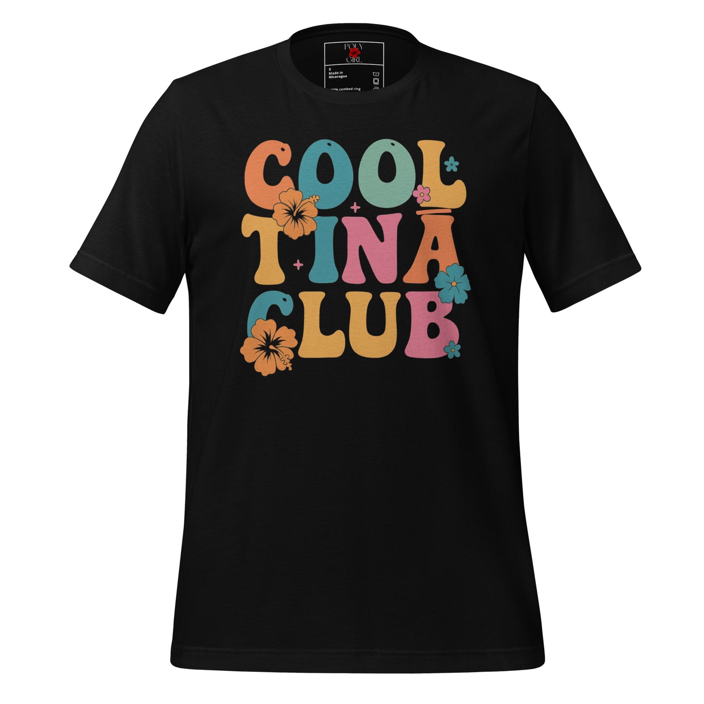 Cool Tinā Club tropical flower graphic t-shirt in bold retro lettering