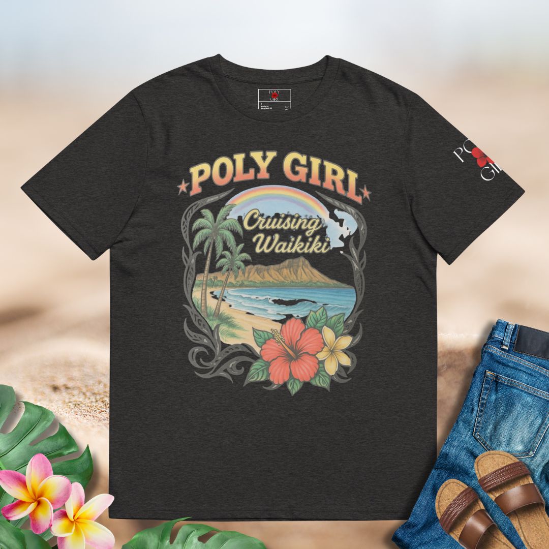 Black t-shirt with 'Poly Girl Cruising Waikiki' graphic design on a neutral background