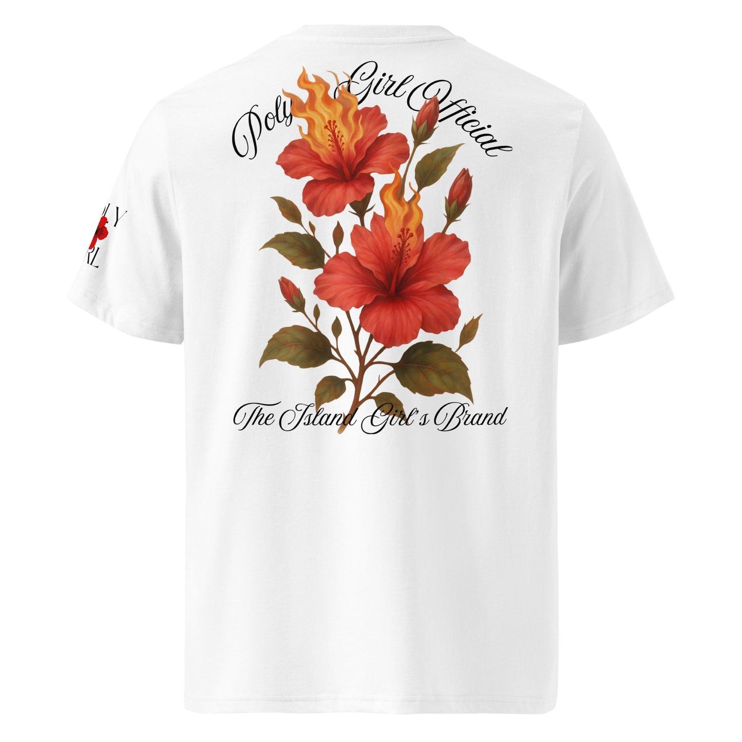 Back view of white t-shirt with two fiery red hibiscus flowers, buds, and leaves, text reads Poly Girl Official.