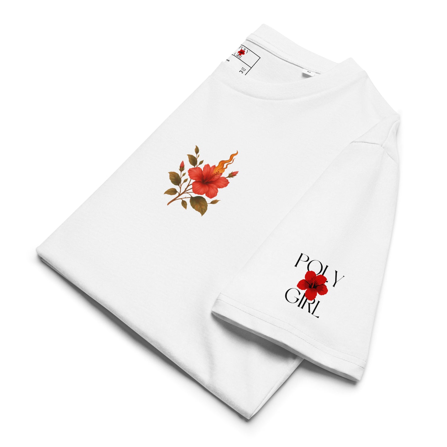 Close-up of vibrant hibiscus floral graphic with flame details on a Poly Girl Official shirt.