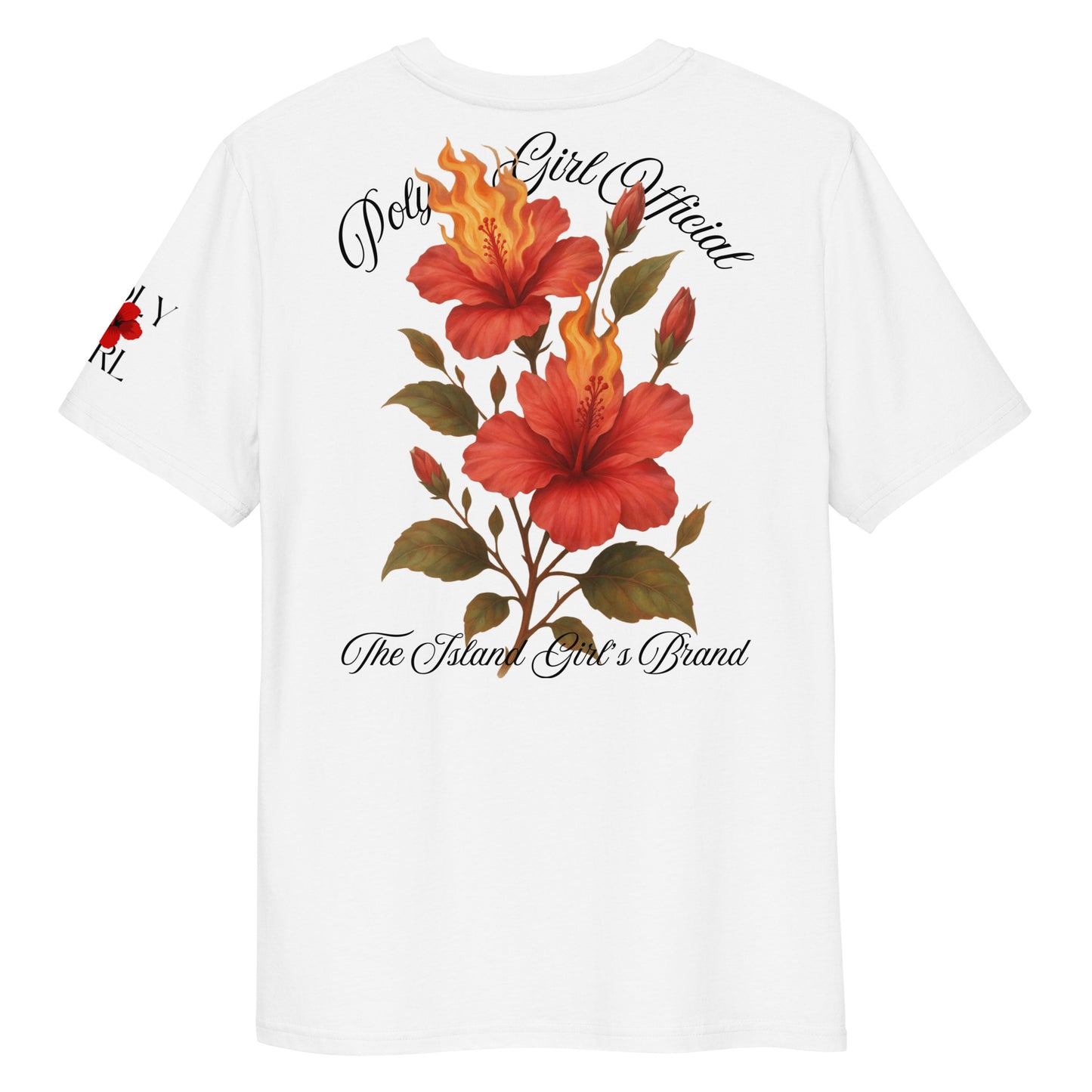 Detailed hibiscus flowers with flame tips and lush green leaves on premium cotton shirt.
