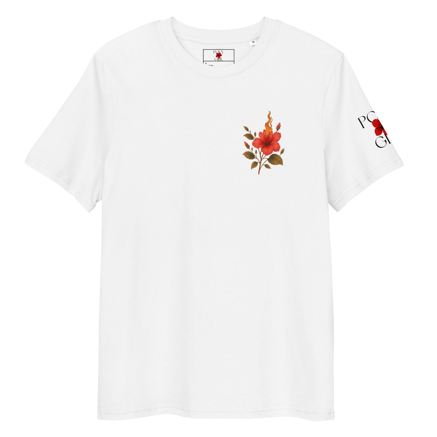 Island-inspired hibiscus and flame artwork printed on front chest area of The Island Girl’s Brand tee.