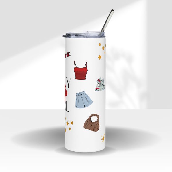 Tumbler with fashion-themed design on a white background by Poly Girl.