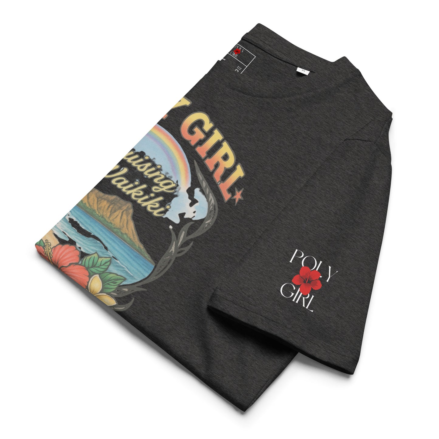 vintage-style Poly Girl tee featuring Waikīkī beach scene and floral details
