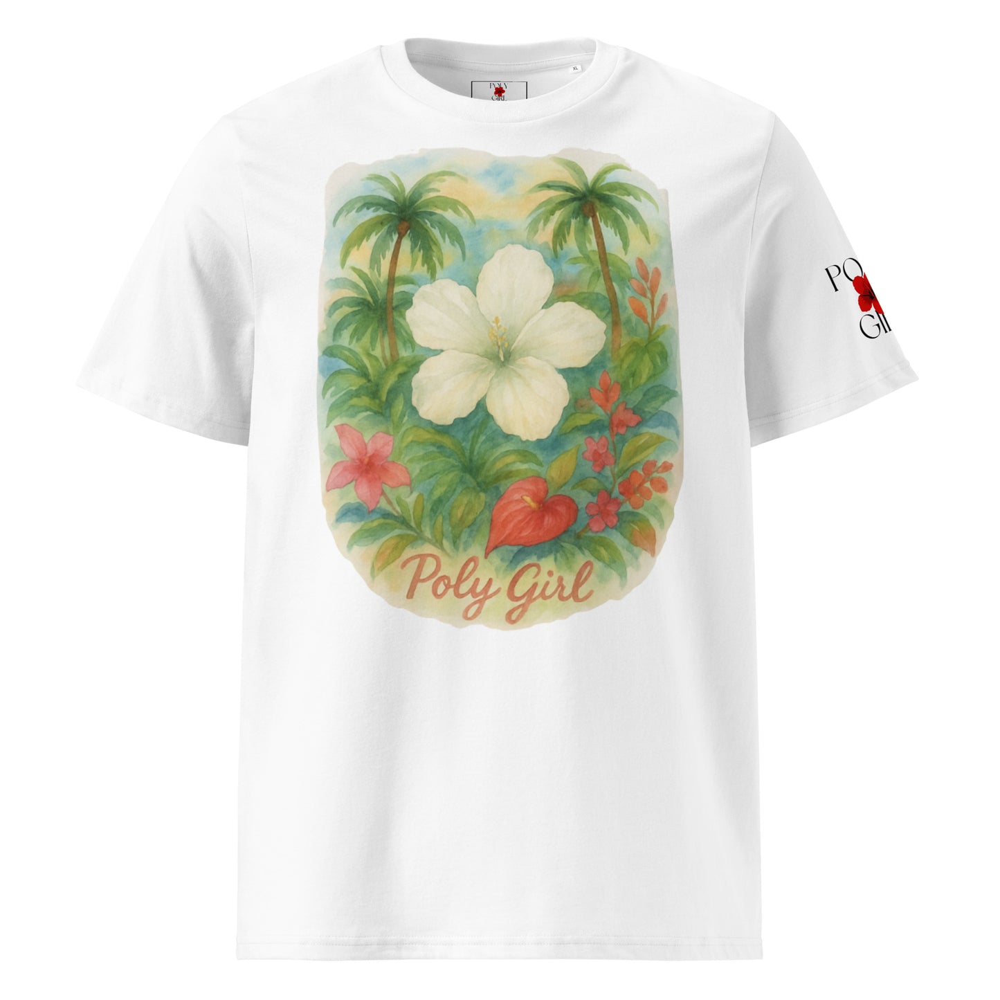 White hibiscus watercolor t-shirt with tropical flowers and palm trees – front view