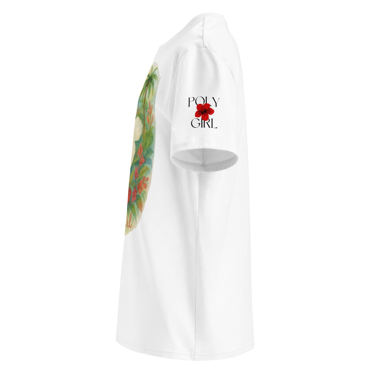 Island Bloom Watercolor Tee sideview with Poly Girl logo on left sleeve