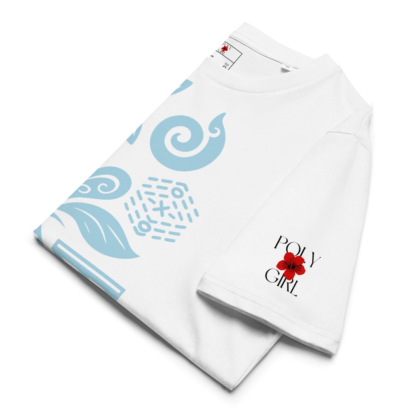 Folded Island Motif Tee with cultural patterns in blue and Poly Girl logo on left sleeve