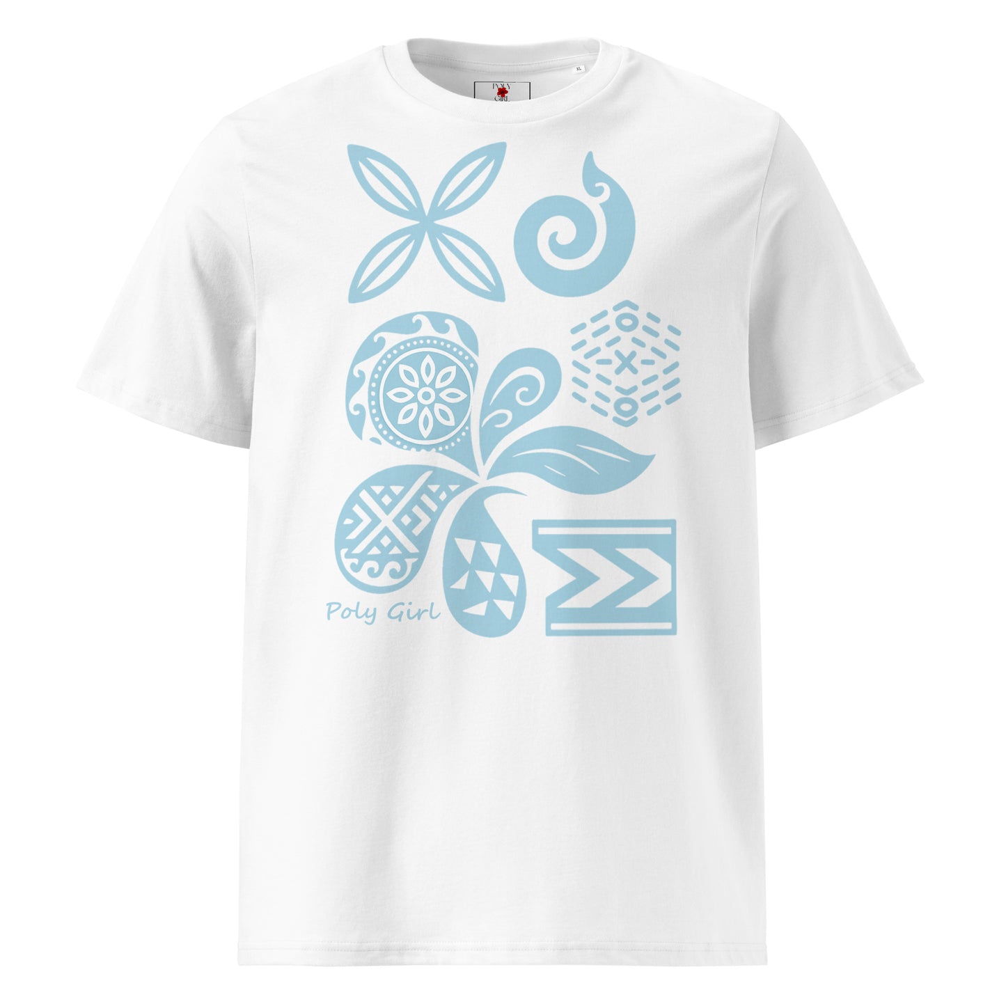 Front view of Island Motif Tee with blue Polynesian patterns