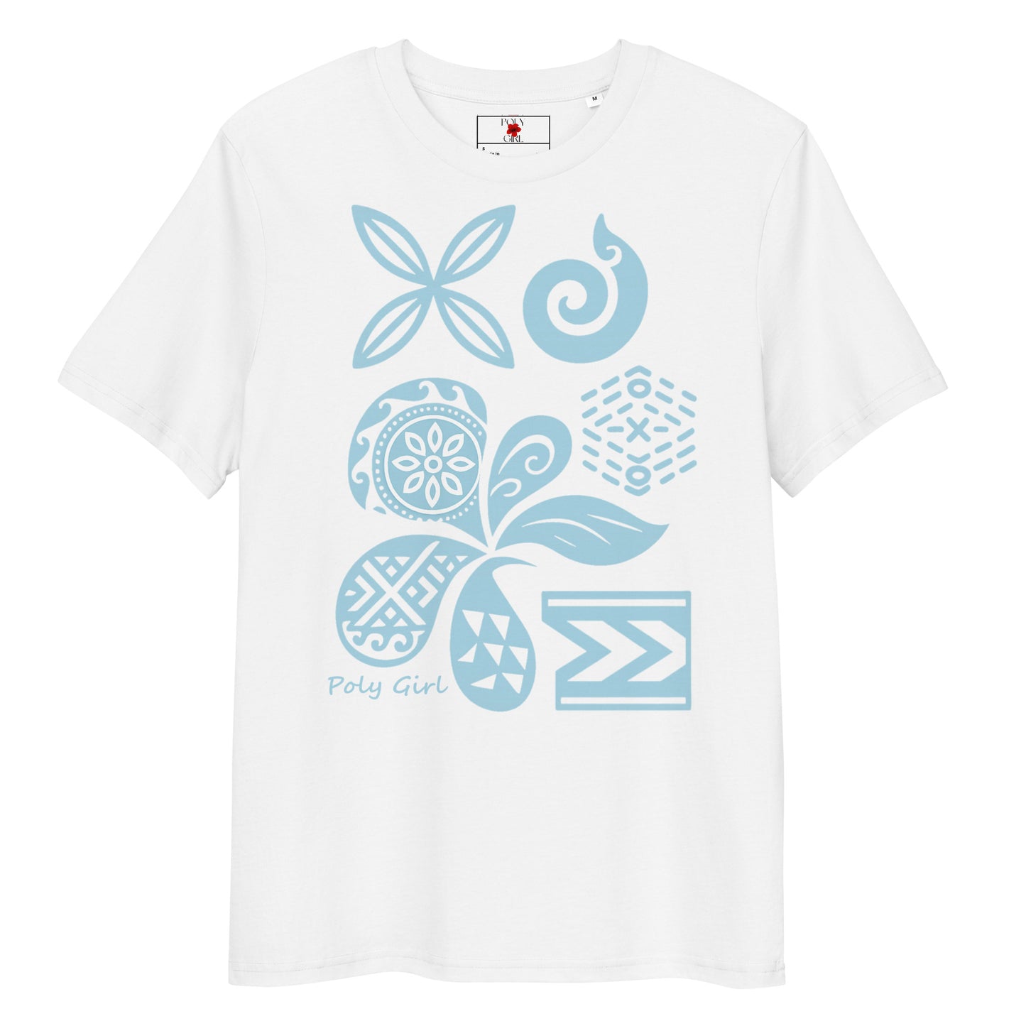 Front view of blue Polynesian motifs on white Island Motif Tee by Poly Girl, the Island Girl's Brand