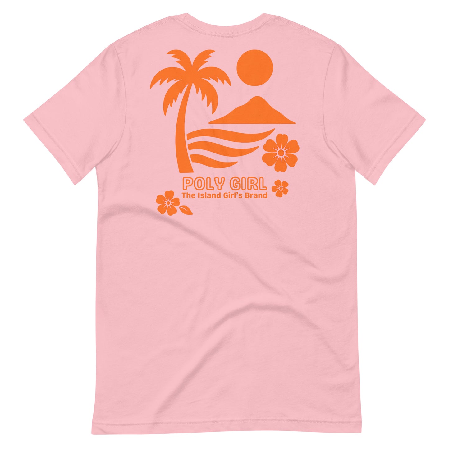 Back view of pink Island Sunrise Poly Girl Tee with orange tropical graphic