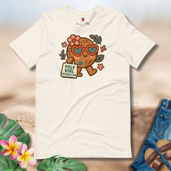 Poly Girl Hydration coconut design tee with island-inspired tropical vibe.
