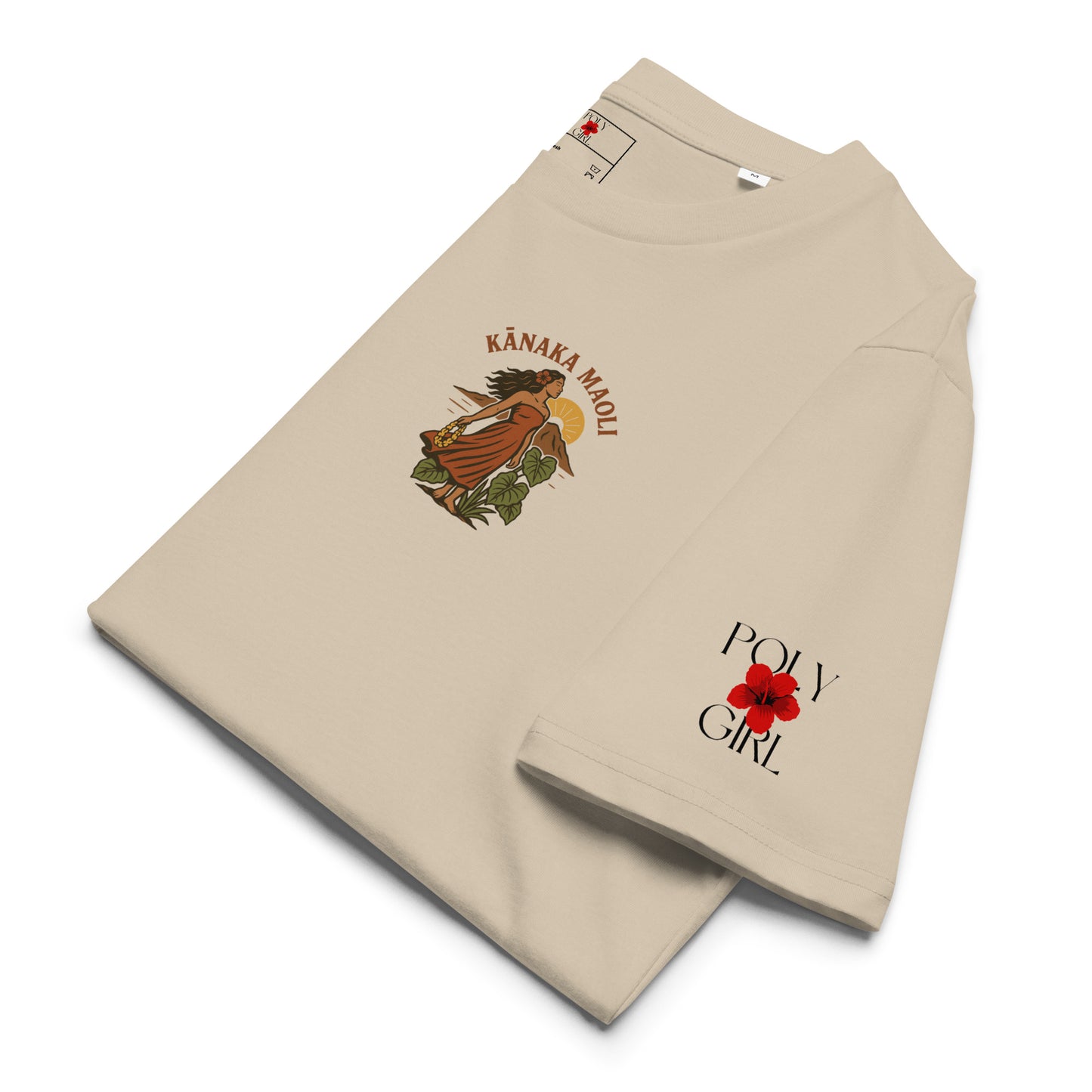 Side view of Kānaka Maoli Rising Tee showing Poly Girl logo on sleeve