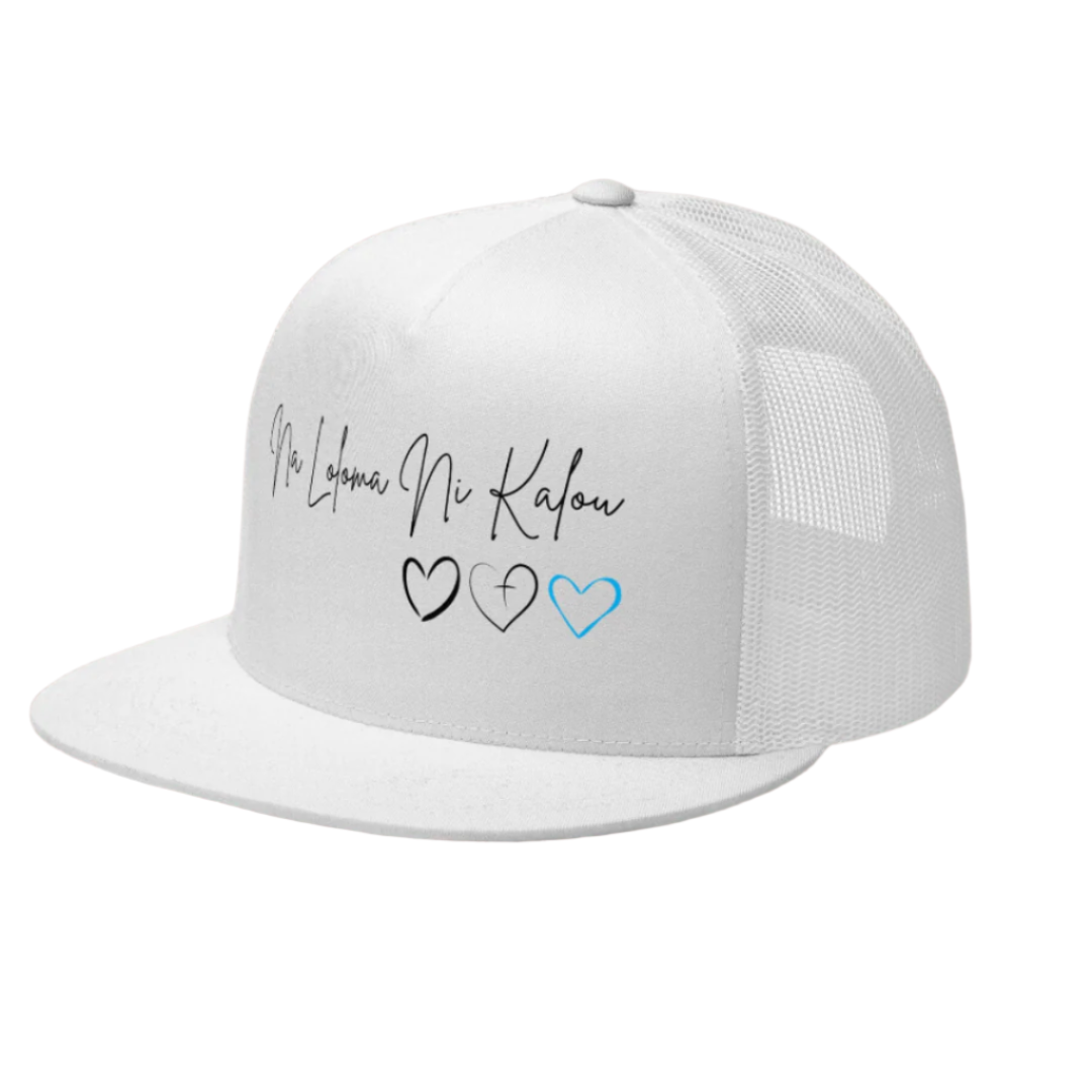 A white trucker cap with the text 'Na Loloma Ni Kalou' and heart symbols printed on the front