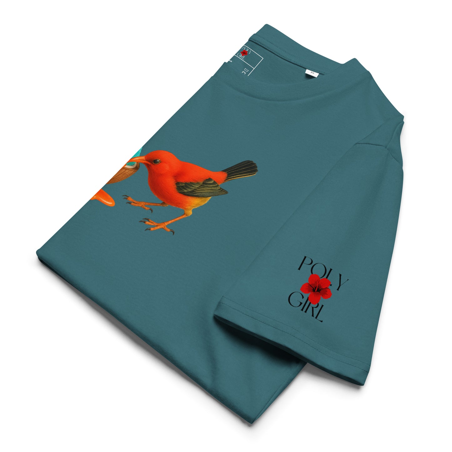 Teal t-shirt folded to show ʻIʻiwi bird and tropical dessert print, and Poly Girl logo on left sleeve