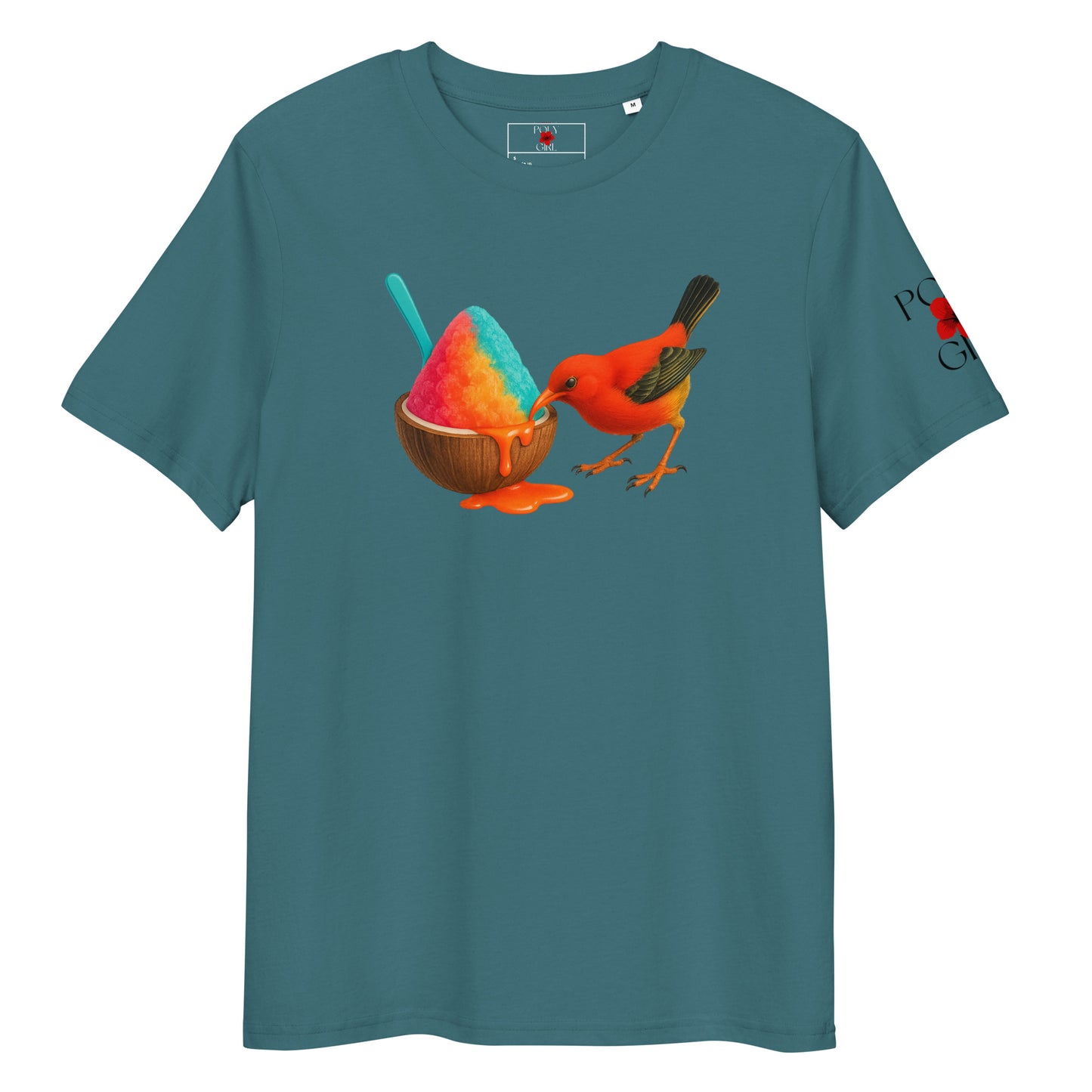 Teal t-shirt front view to show ʻIʻiwi bird and tropical shave ice print