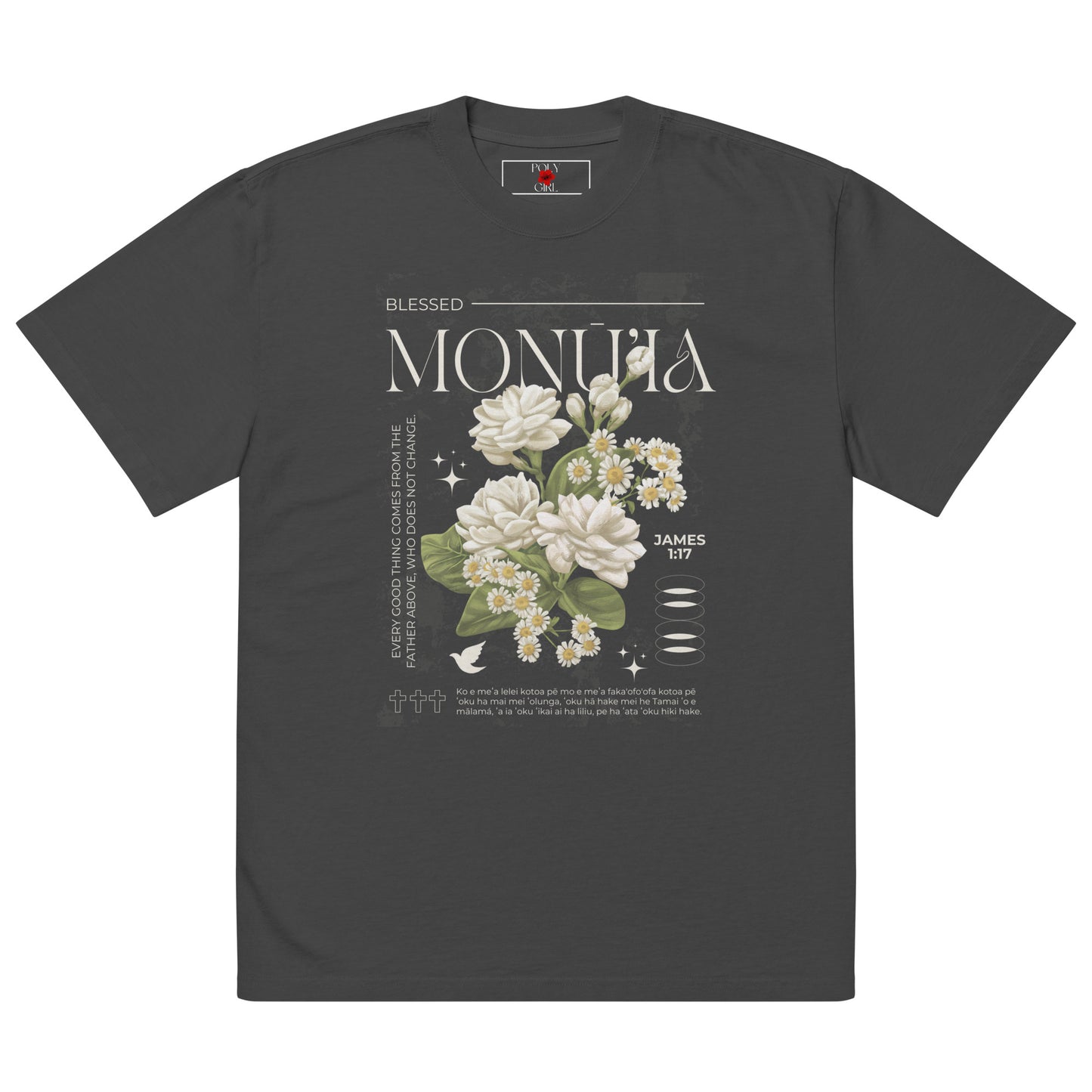 Black t-shirt with floral design and text on a white background