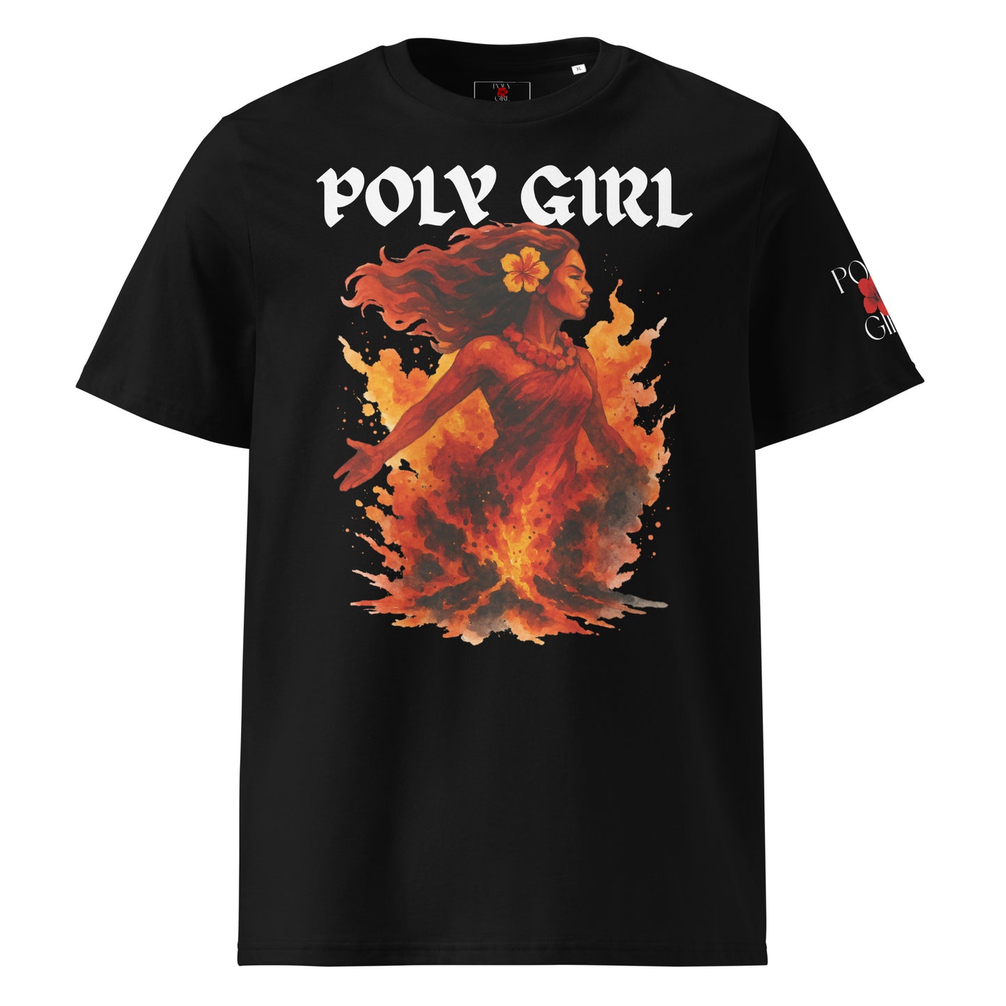 Pele Fire Goddess design on organic cotton ladies’ black t-shirt, bold watercolor art