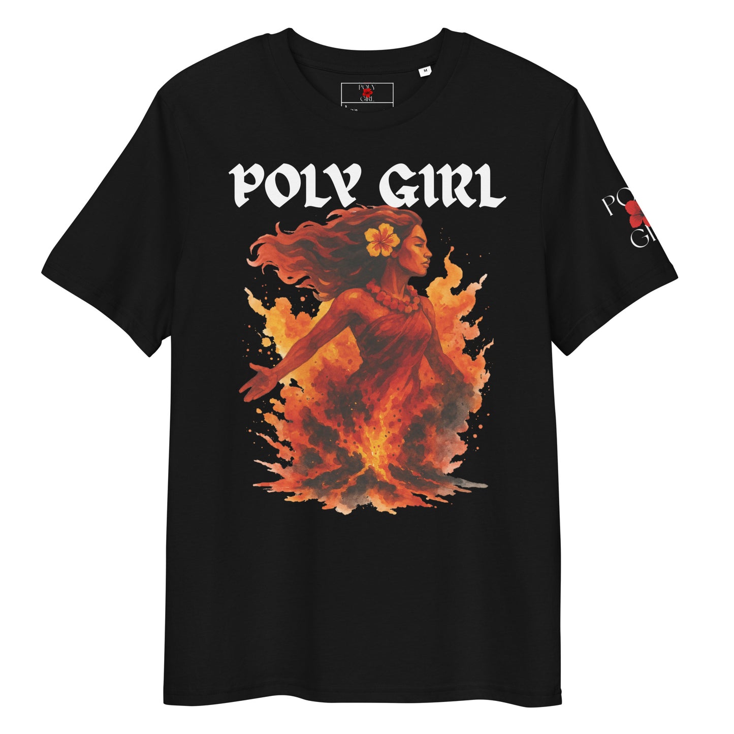 Organic cotton t-shirt with Pele Fire Goddess artwork, celebrating passion and strength