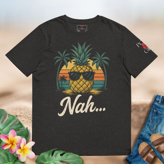 Pineapple Nah Tee featuring pineapple in sunglasses with tropical sunset.