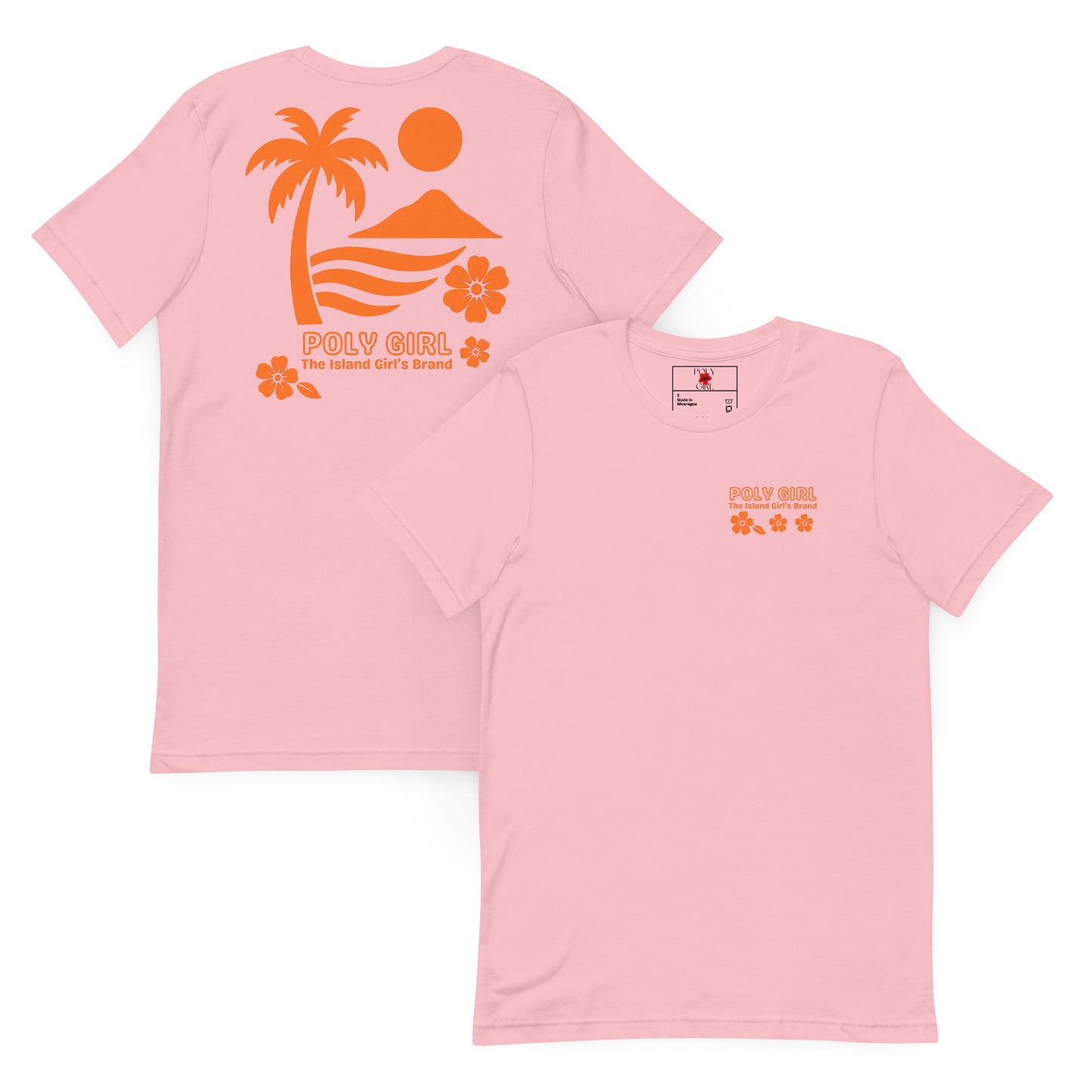 Pink Poly Girl t-shirt featuring palm tree, sun, waves, and hibiscus design