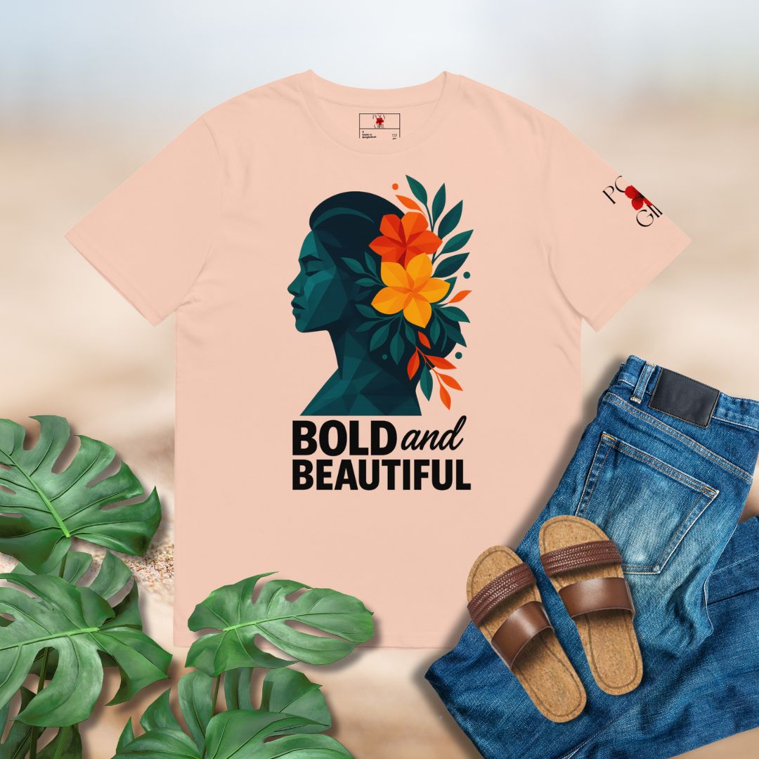 Island-inspired Bold and Beautiful tee featuring hibiscus artwork and empowering text