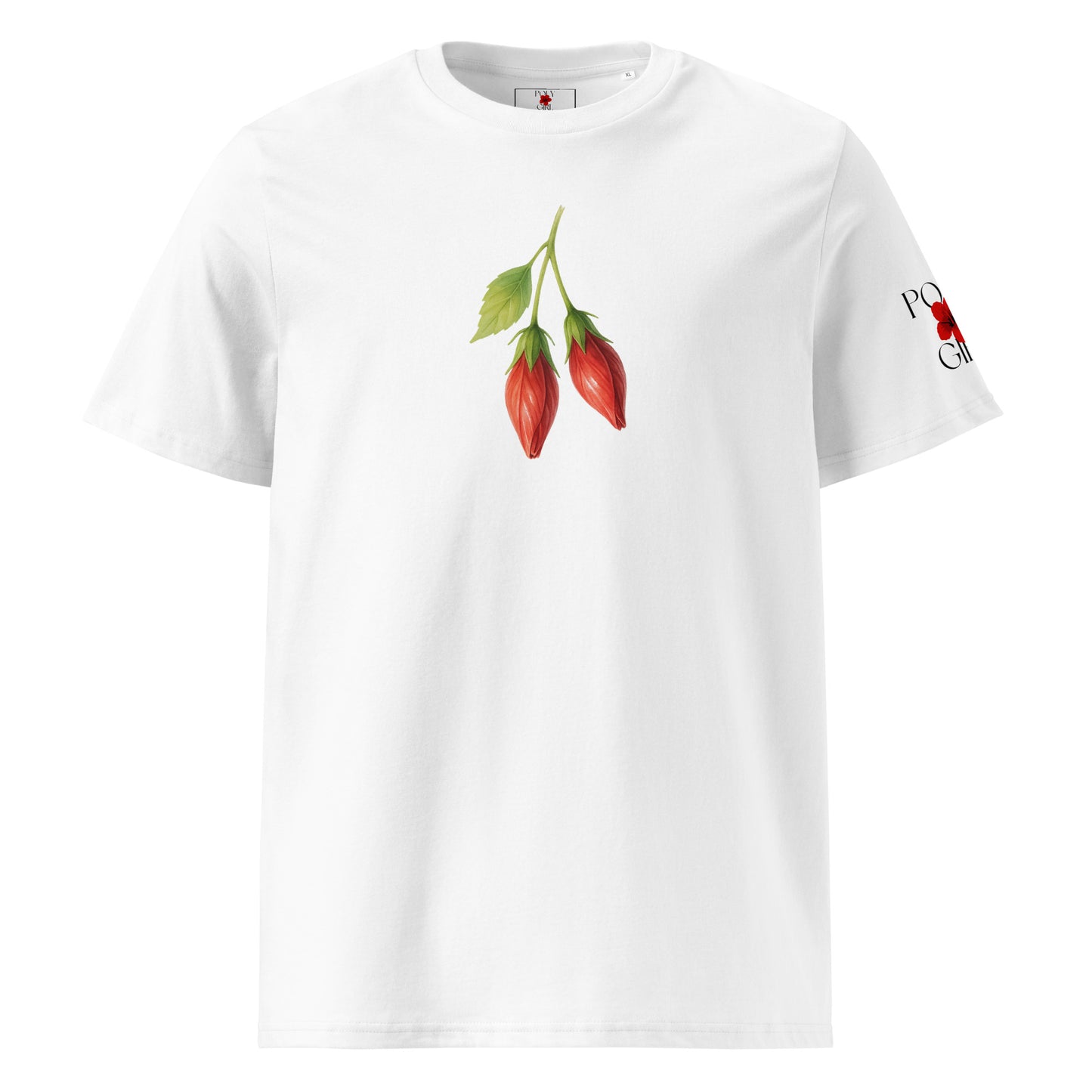 Organic cotton t-shirt with watercolor hibiscus buds design, symbolizing growth.