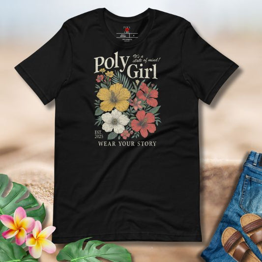 Poly Girl Floral State of Mind Tee with tropical hibiscus and plumeria flowers.