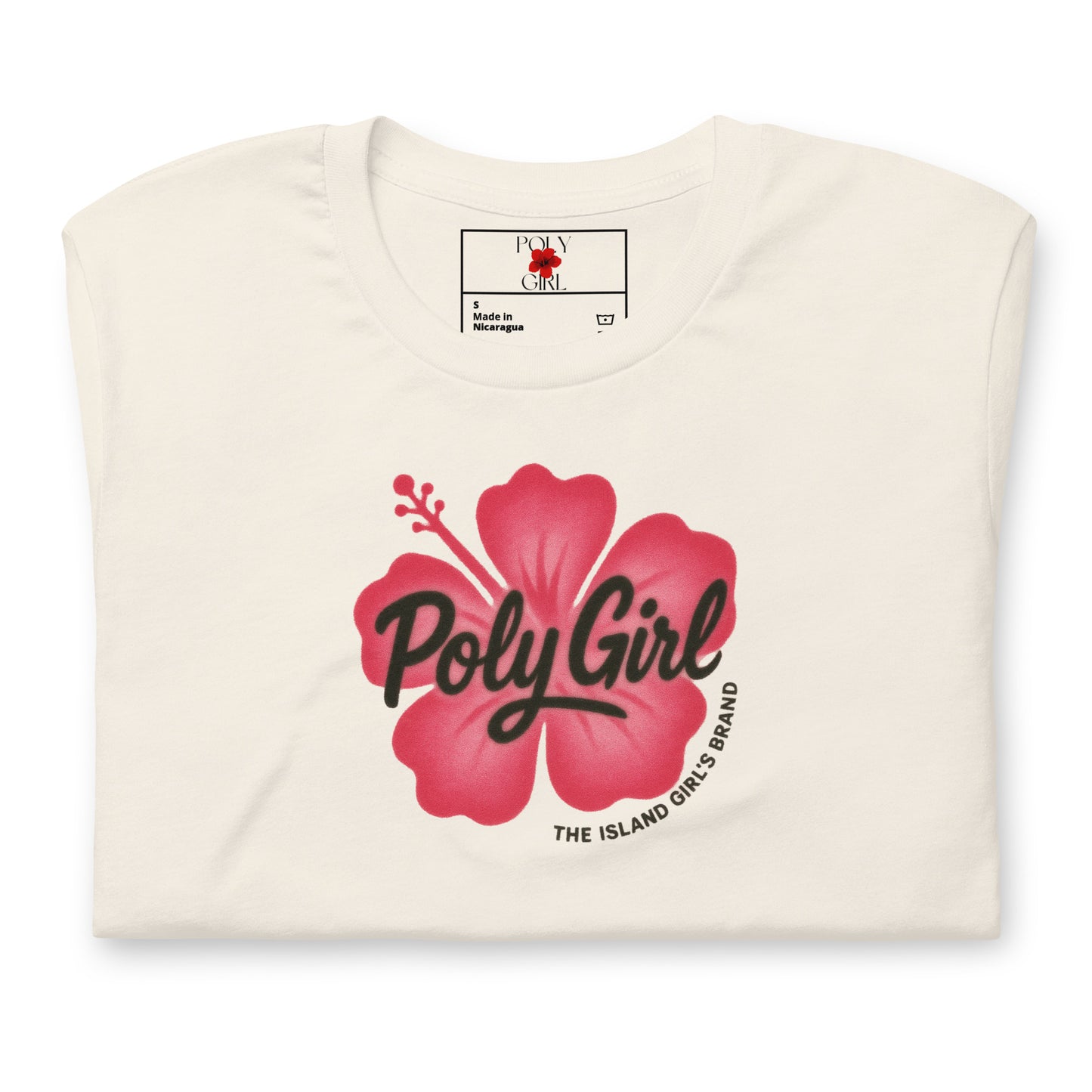 Spray paint hibiscus flower tee with Poly Girl text