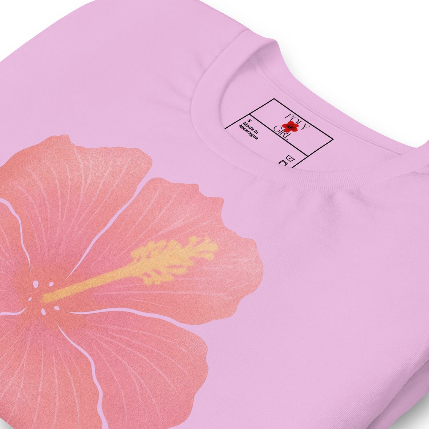 Hibiscus flower shirt with bold island-inspired Poly Girl print folded