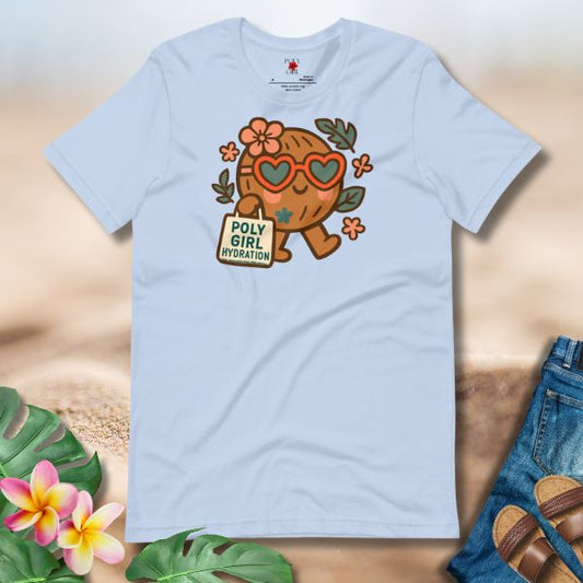 Cute coconut character wearing heart sunglasses holding a Poly Girl Hydration bag on light blue tshirt.