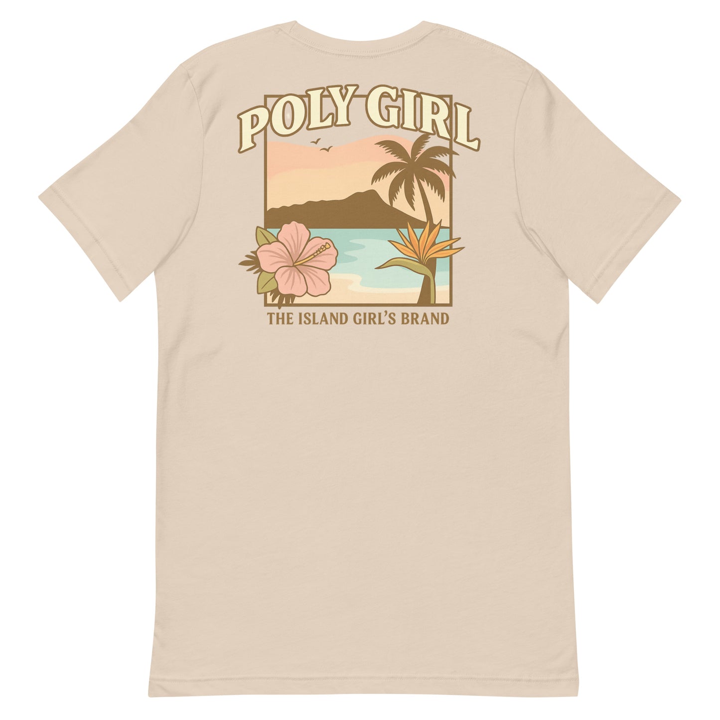 Back view of beige Poly Girl t-shirt with tropical sunset, palm trees, hibiscus, and bird of paradise design.